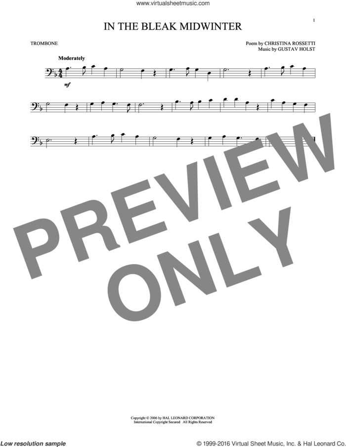 In The Bleak Midwinter sheet music for trombone solo by Gustav Holst and Christina Rossetti, intermediate skill level
