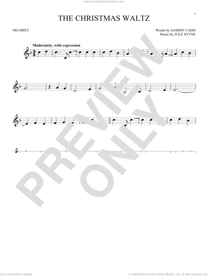 The Christmas Waltz sheet music for trumpet solo by Frank Sinatra, Jule Styne and Sammy Cahn, intermediate skill level