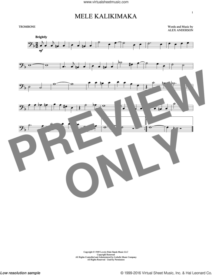 Mele Kalikimaka sheet music for trombone solo by Bing Crosby and R. Alex Anderson, intermediate skill level