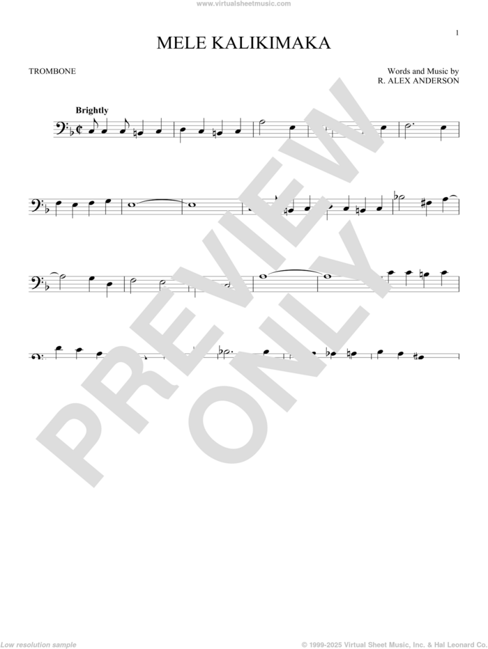 Mele Kalikimaka sheet music for trombone solo by Bing Crosby and R. Alex Anderson, intermediate skill level