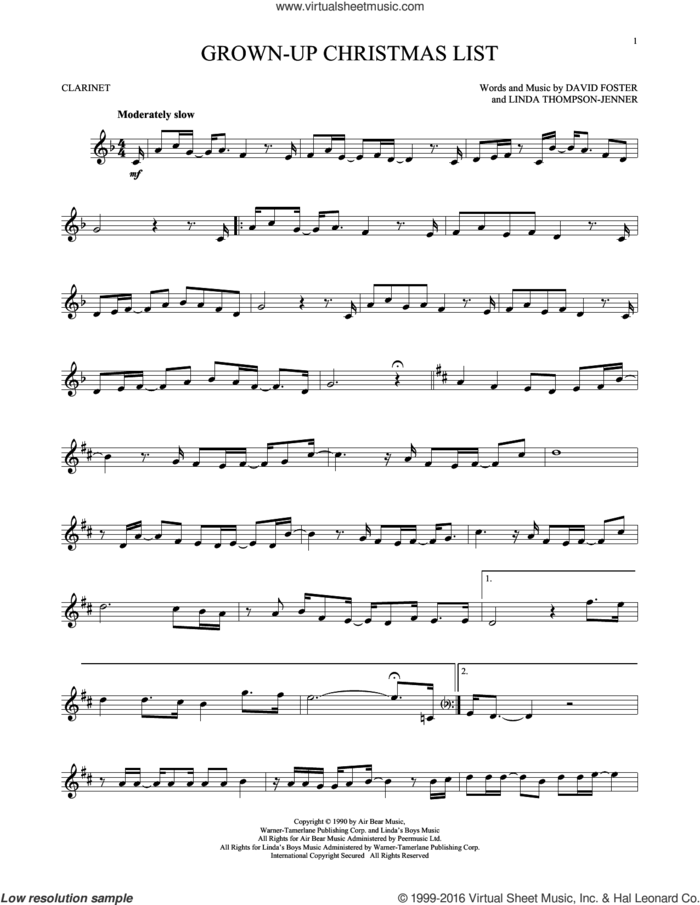 Grown-Up Christmas List sheet music for clarinet solo by Amy Grant, David Foster and Linda Thompson-Jenner, intermediate skill level