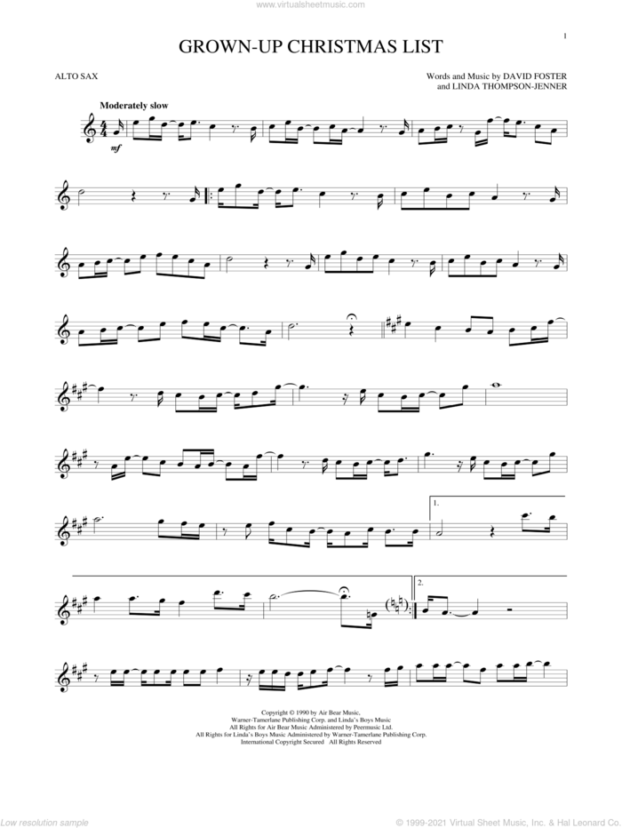 Grown-Up Christmas List sheet music for alto saxophone solo by Amy Grant, David Foster and Linda Thompson-Jenner, intermediate skill level