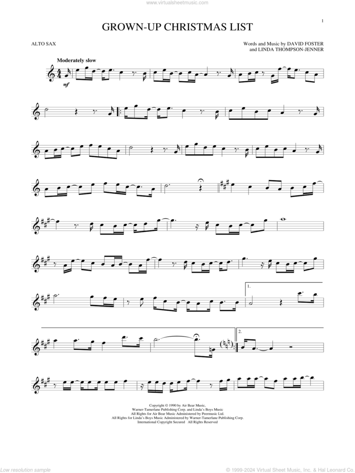 Grown-Up Christmas List sheet music for alto saxophone solo by Amy Grant, David Foster and Linda Thompson-Jenner, intermediate skill level