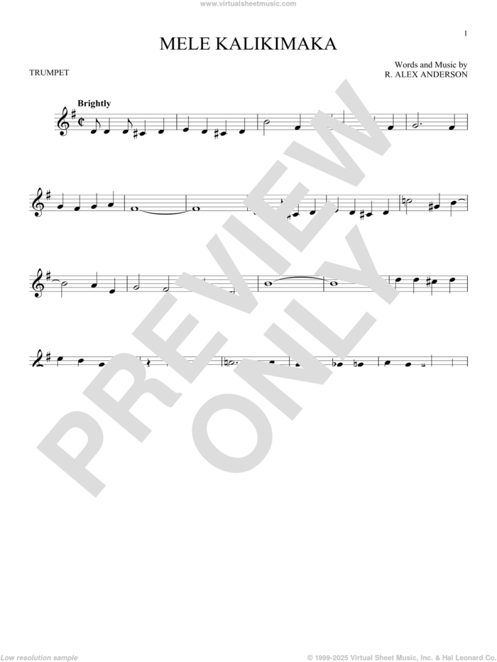 Mele Kalikimaka sheet music for trumpet solo by Bing Crosby and R. Alex Anderson, intermediate skill level