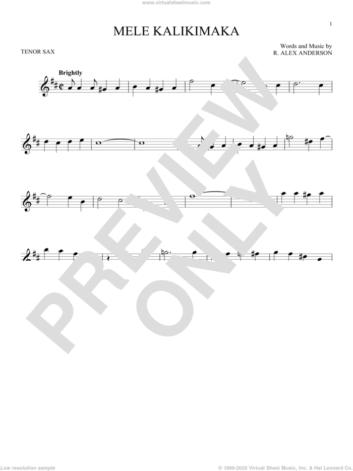 Mele Kalikimaka sheet music for tenor saxophone solo by Bing Crosby and R. Alex Anderson, intermediate skill level