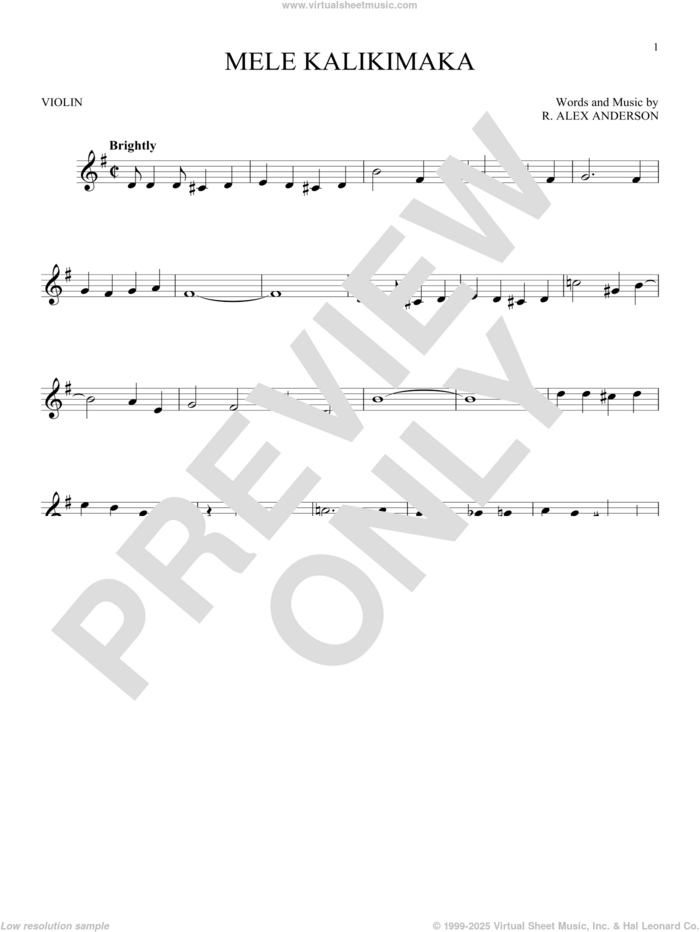 Mele Kalikimaka sheet music for violin solo by Bing Crosby and R. Alex Anderson, intermediate skill level