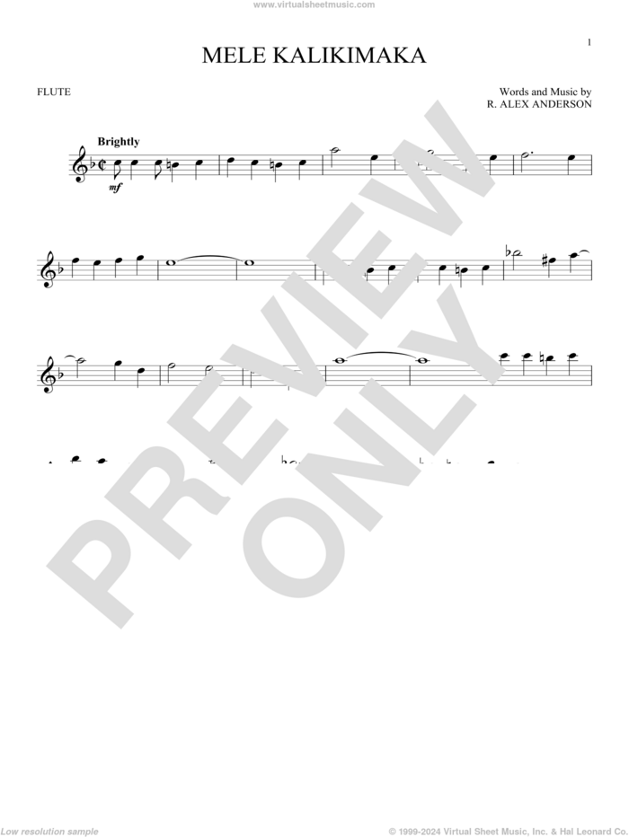 Mele Kalikimaka sheet music for flute solo by Bing Crosby and R. Alex Anderson, intermediate skill level