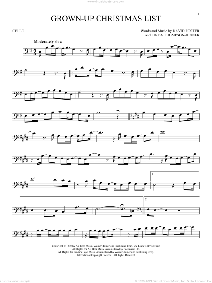 Grown-Up Christmas List sheet music for cello solo by Amy Grant, David Foster and Linda Thompson-Jenner, intermediate skill level
