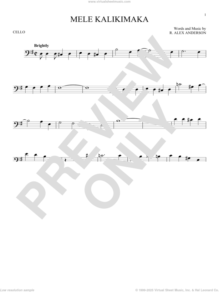 Mele Kalikimaka sheet music for cello solo by Bing Crosby and R. Alex Anderson, intermediate skill level