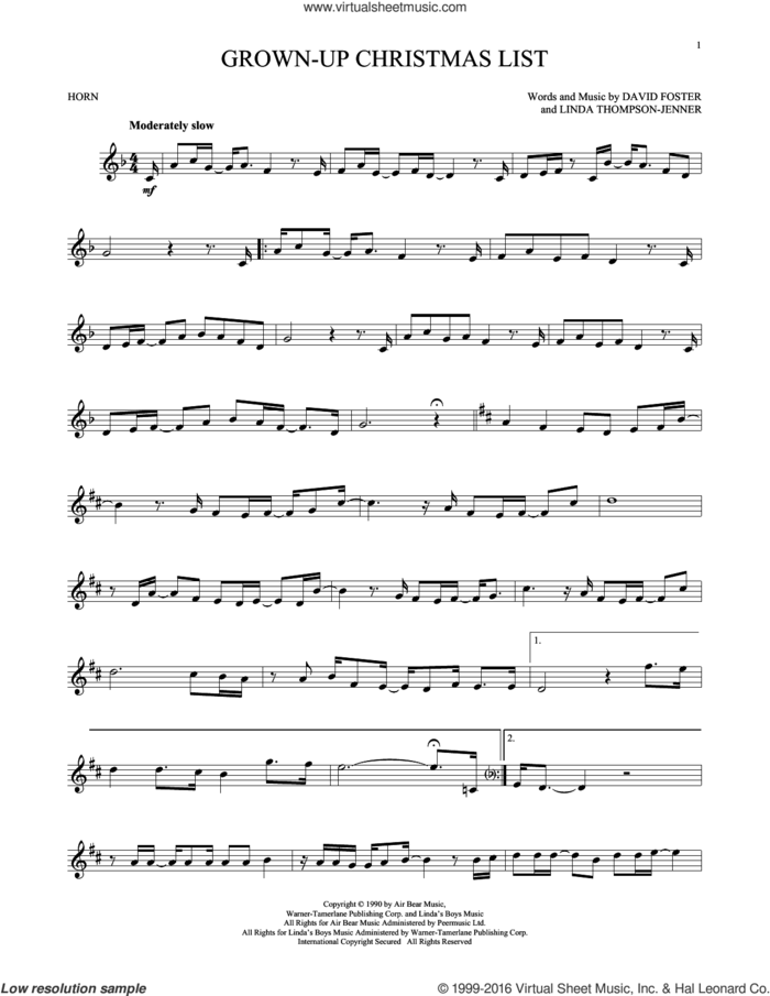 Grown-Up Christmas List sheet music for horn solo by Amy Grant, David Foster and Linda Thompson-Jenner, intermediate skill level