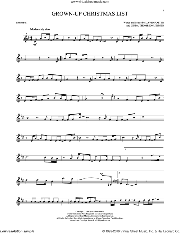 Grown-Up Christmas List sheet music for trumpet solo by Amy Grant, David Foster and Linda Thompson-Jenner, intermediate skill level