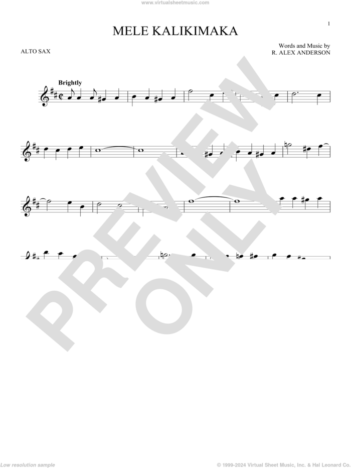 Mele Kalikimaka sheet music for alto saxophone solo by Bing Crosby and R. Alex Anderson, intermediate skill level