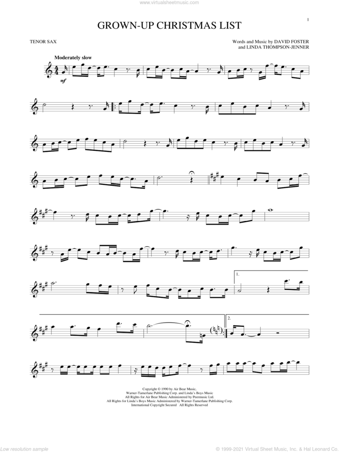 Grown-Up Christmas List sheet music for tenor saxophone solo by Amy Grant, David Foster and Linda Thompson-Jenner, intermediate skill level