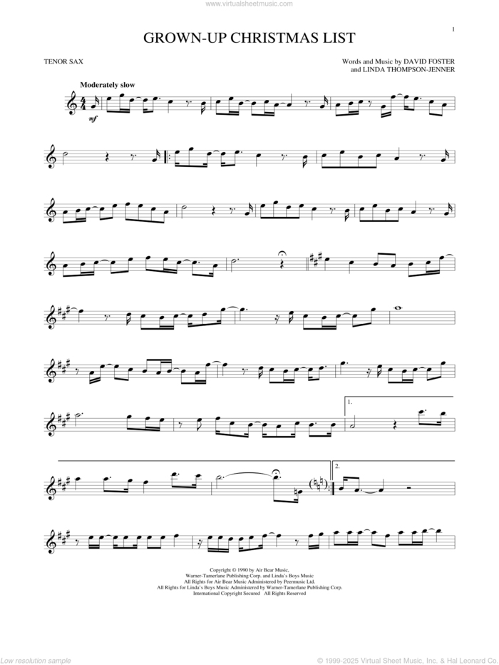 Grown-Up Christmas List sheet music for tenor saxophone solo by Amy Grant, David Foster and Linda Thompson-Jenner, intermediate skill level