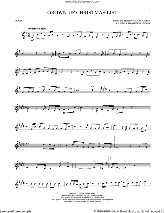 Grown-Up Christmas List sheet music for violin solo by Amy Grant, David Foster and Linda Thompson-Jenner, intermediate skill level