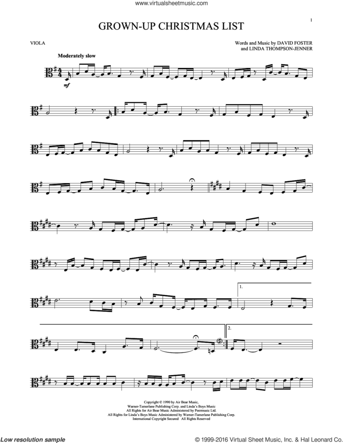 Grown-Up Christmas List sheet music for viola solo by Amy Grant, David Foster and Linda Thompson-Jenner, intermediate skill level