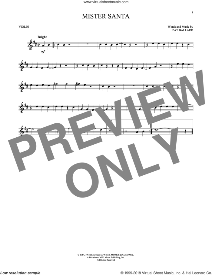 Mister Santa sheet music for violin solo by Amy Grant and Pat Ballard, intermediate skill level