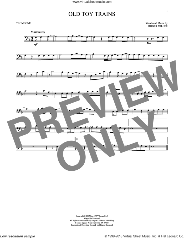 Old Toy Trains sheet music for trombone solo by Roger Miller, intermediate skill level