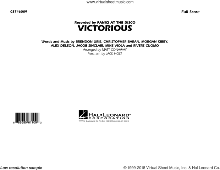 Victorious (COMPLETE) sheet music for marching band by Matt Conaway, Brendon Urie, Christopher Baran, Jack Holt, Morgan Kibby and Panic! At The Disco, intermediate skill level