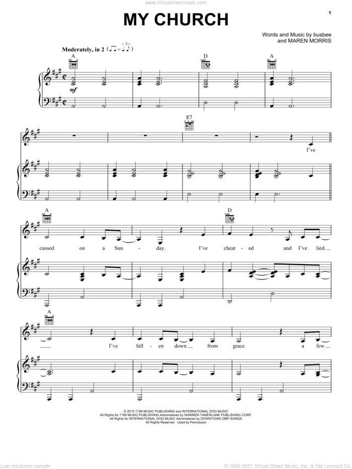 My Church sheet music for voice, piano or guitar by Maren Morris and Michael Busbee, intermediate skill level