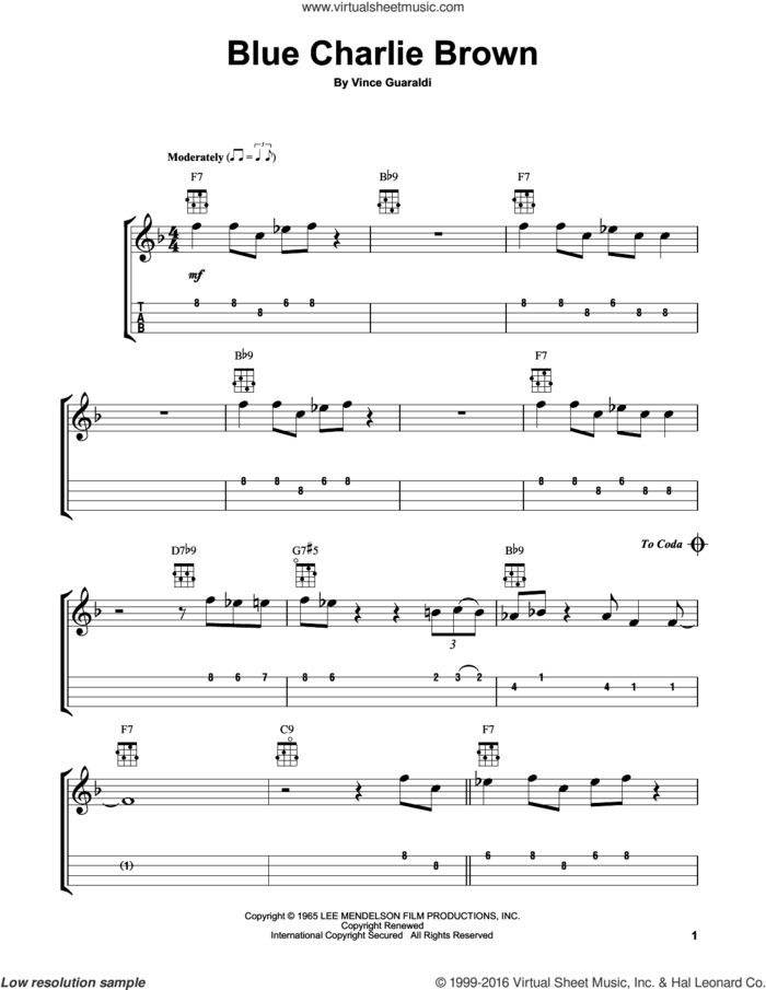 Blue Charlie Brown sheet music for ukulele by Vince Guaraldi, intermediate skill level