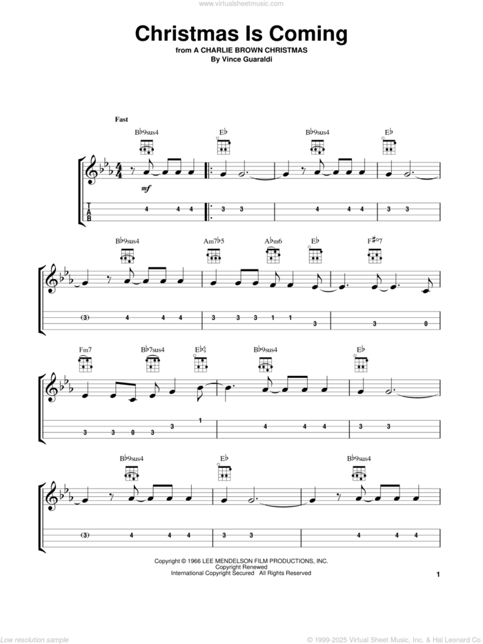 Christmas Is Coming sheet music for ukulele by Vince Guaraldi, intermediate skill level