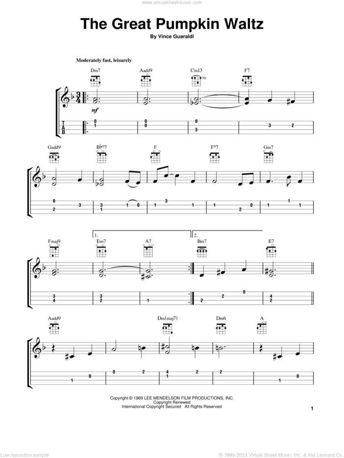 The Great Pumpkin Waltz sheet music for ukulele by Vince Guaraldi, intermediate skill level