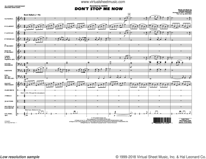 Don't Stop Me Now (COMPLETE) sheet music for marching band by Queen, Freddie Mercury, Jack Holt and Matt Conaway, intermediate skill level
