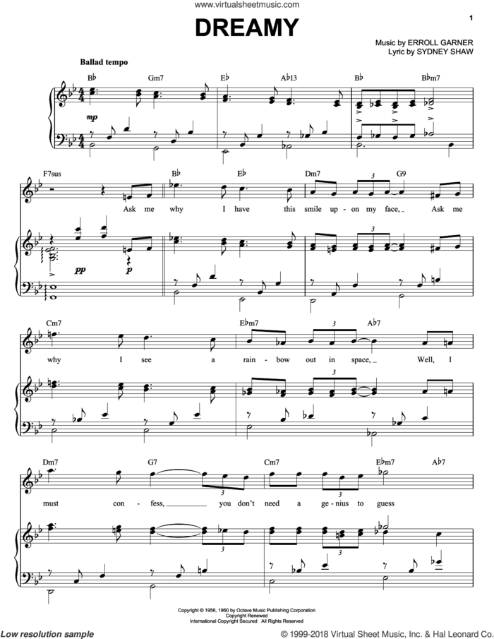 Dreamy sheet music for voice, piano or guitar by Erroll Garner and Sydney Shaw, intermediate skill level