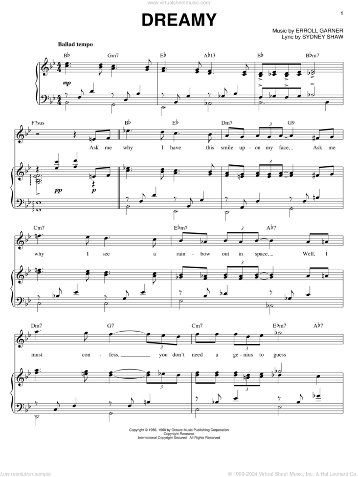 Dreamy sheet music for voice, piano or guitar by Erroll Garner and Sydney Shaw, intermediate skill level