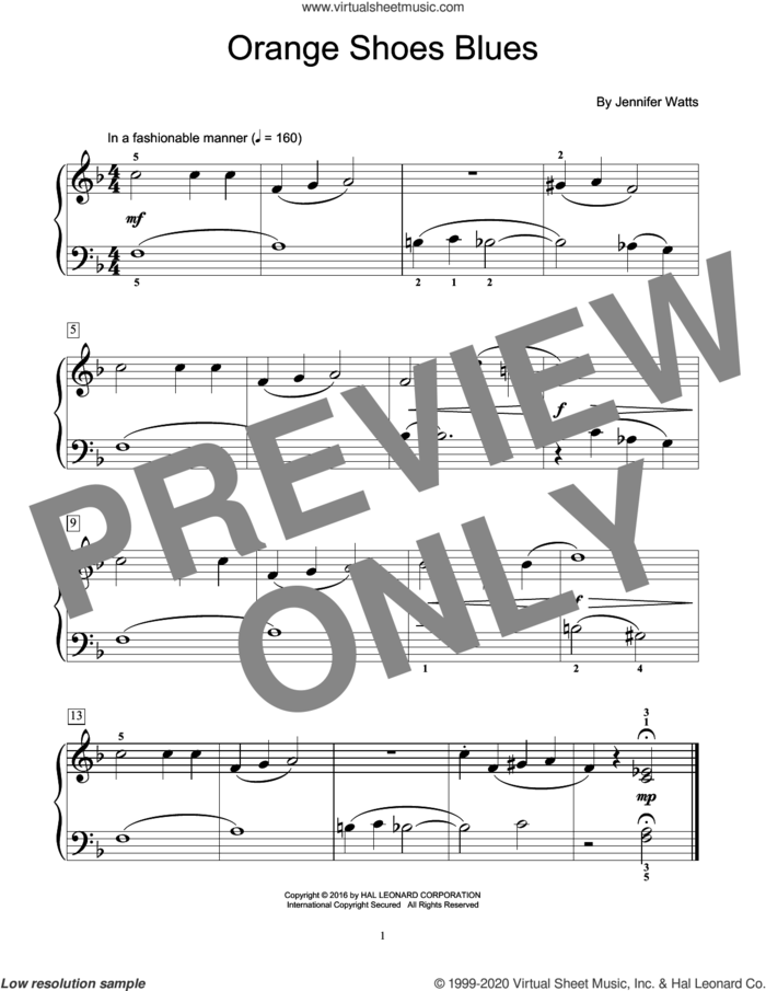 Orange Shoes Blues sheet music for piano solo (elementary) by Jennifer Watts, beginner piano (elementary)