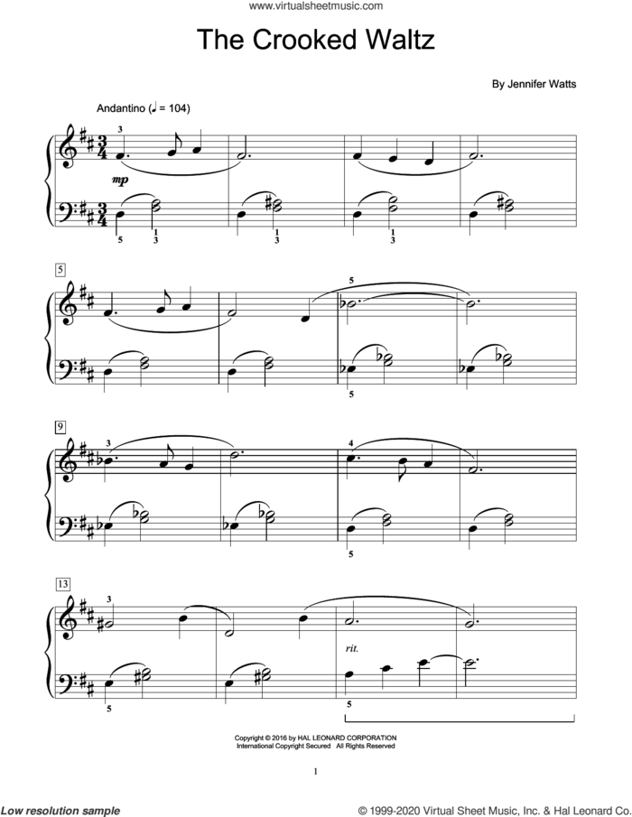 The Crooked Waltz sheet music for piano solo (elementary) by Jennifer Watts, beginner piano (elementary)