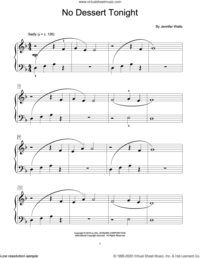No Dessert Tonight sheet music for piano solo (elementary) by Jennifer Watts, beginner piano (elementary)