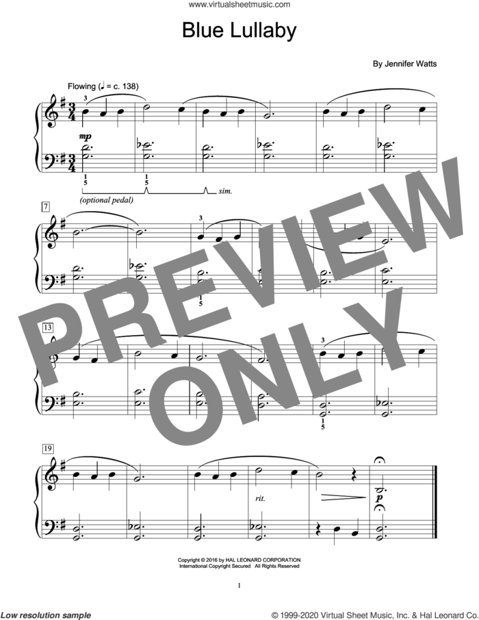 Blue Lullaby sheet music for piano solo (elementary) by Jennifer Watts, beginner piano (elementary)