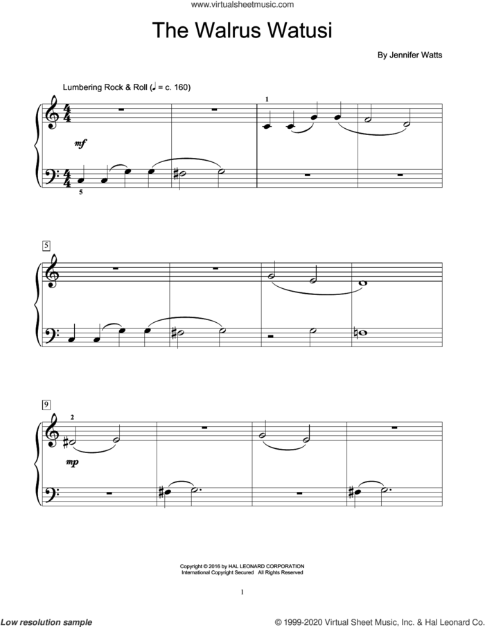 The Walrus Watusi sheet music for piano solo (elementary) by Jennifer Watts, beginner piano (elementary)