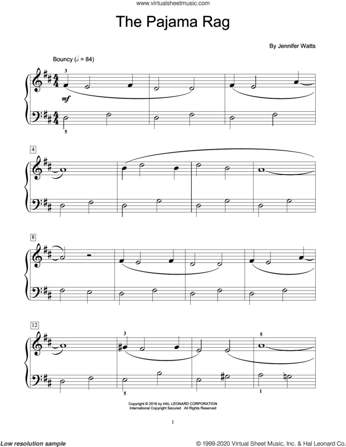 The Pajama Rag sheet music for piano solo (elementary) by Jennifer Watts, beginner piano (elementary)