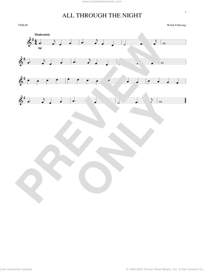 All Through The Night sheet music for violin solo, intermediate skill level