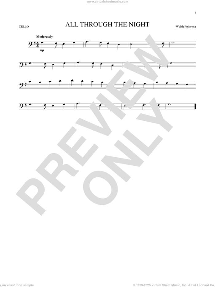 All Through The Night sheet music for cello solo, intermediate skill level