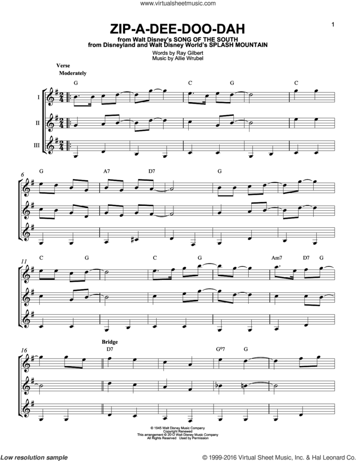 Zip-A-Dee-Doo-Dah (from Song Of The South) sheet music for guitar ensemble by James Baskett, Allie Wrubel, Allie Wrubel & Ray Gilbert and Ray Gilbert, intermediate skill level