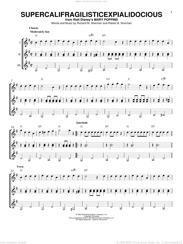 Supercalifragilisticexpialidocious (from Mary Poppins) sheet music for guitar ensemble by Richard & Robert Sherman, Julie Andrews, Richard M. Sherman and Robert B. Sherman, intermediate skill level
