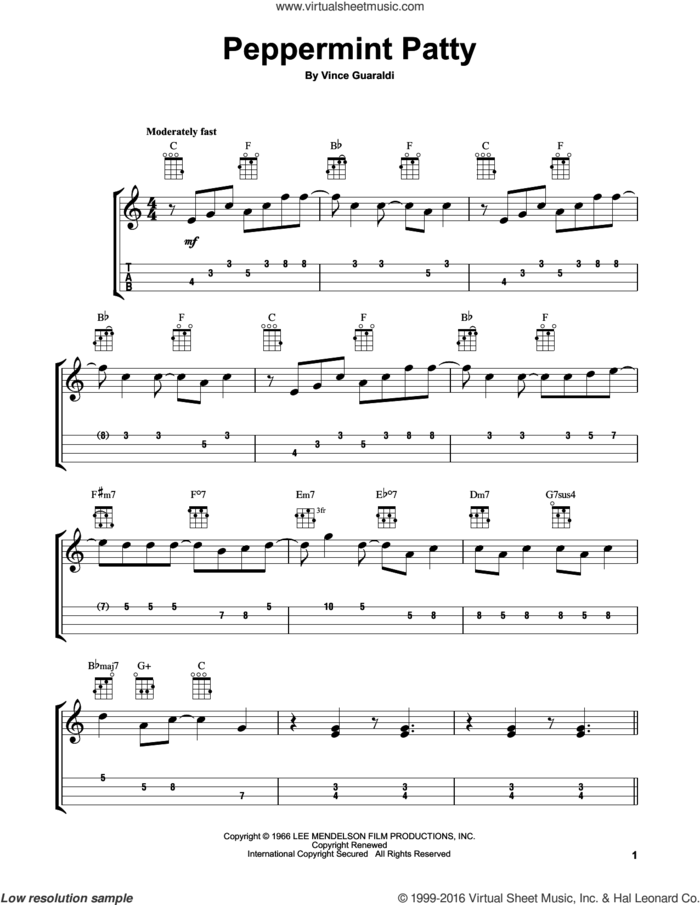 Peppermint Patty sheet music for ukulele by Vince Guaraldi, intermediate skill level