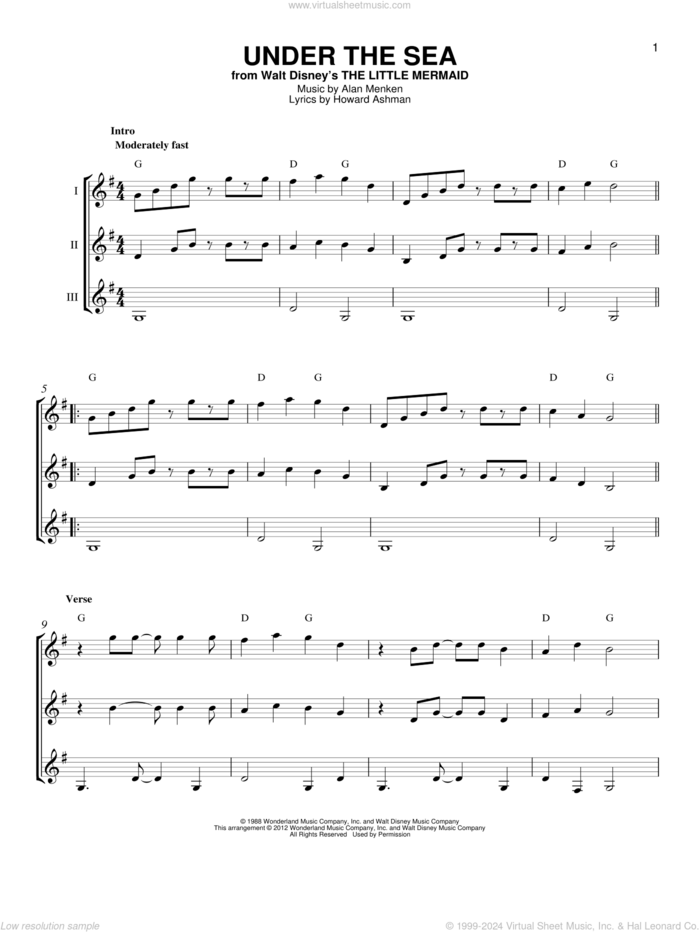 Under The Sea (from The Little Mermaid) sheet music for guitar ensemble by Alan Menken, Alan Menken & Howard Ashman and Howard Ashman, intermediate skill level