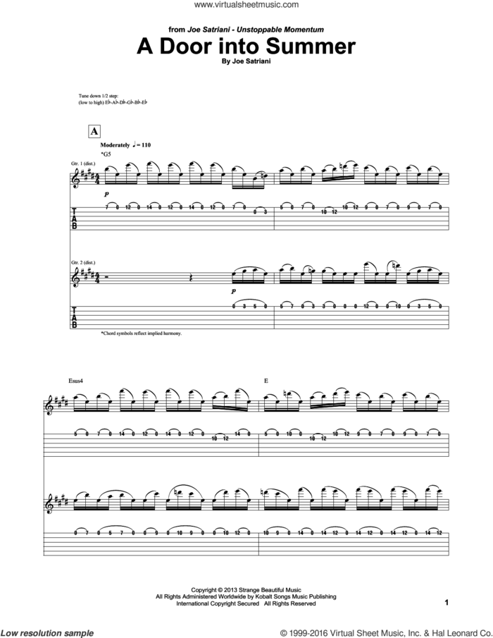 A Door Into Summer sheet music for guitar (tablature) by Joe Satriani, intermediate skill level