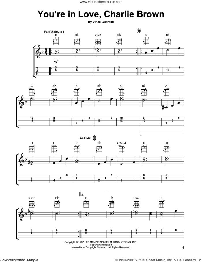 You're In Love, Charlie Brown sheet music for ukulele by Vince Guaraldi, intermediate skill level