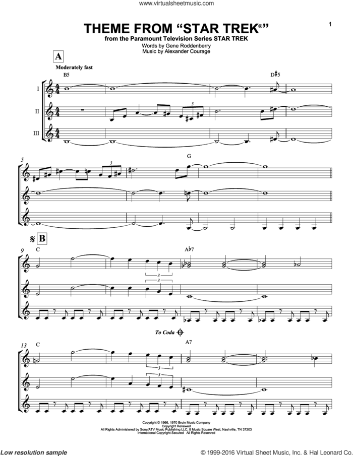 Theme From Star Trek sheet music for guitar ensemble by Alexander Courage and Gene Roddenberry, intermediate skill level