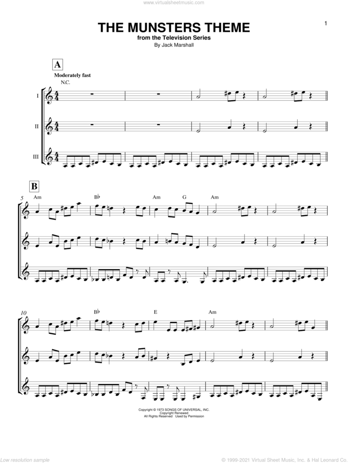 The Munsters Theme sheet music for guitar ensemble by Jack Marshall, intermediate skill level