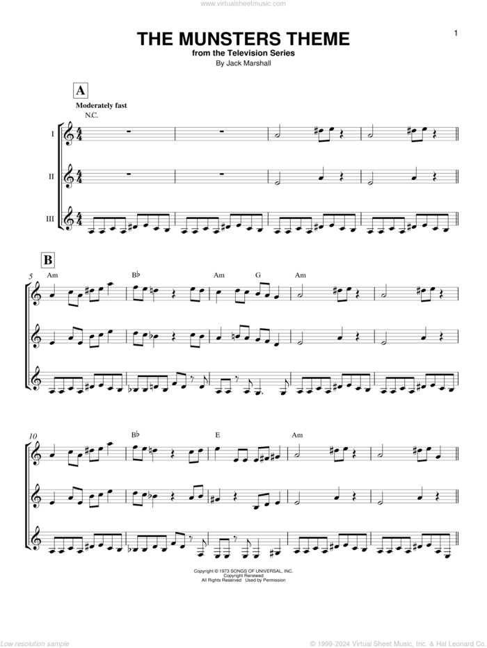 The Munsters Theme sheet music for guitar ensemble by Jack Marshall, intermediate skill level