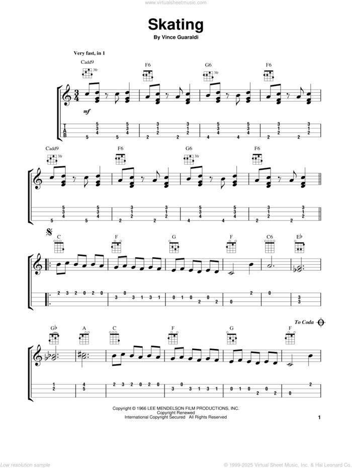 Skating sheet music for ukulele by Vince Guaraldi, intermediate skill level