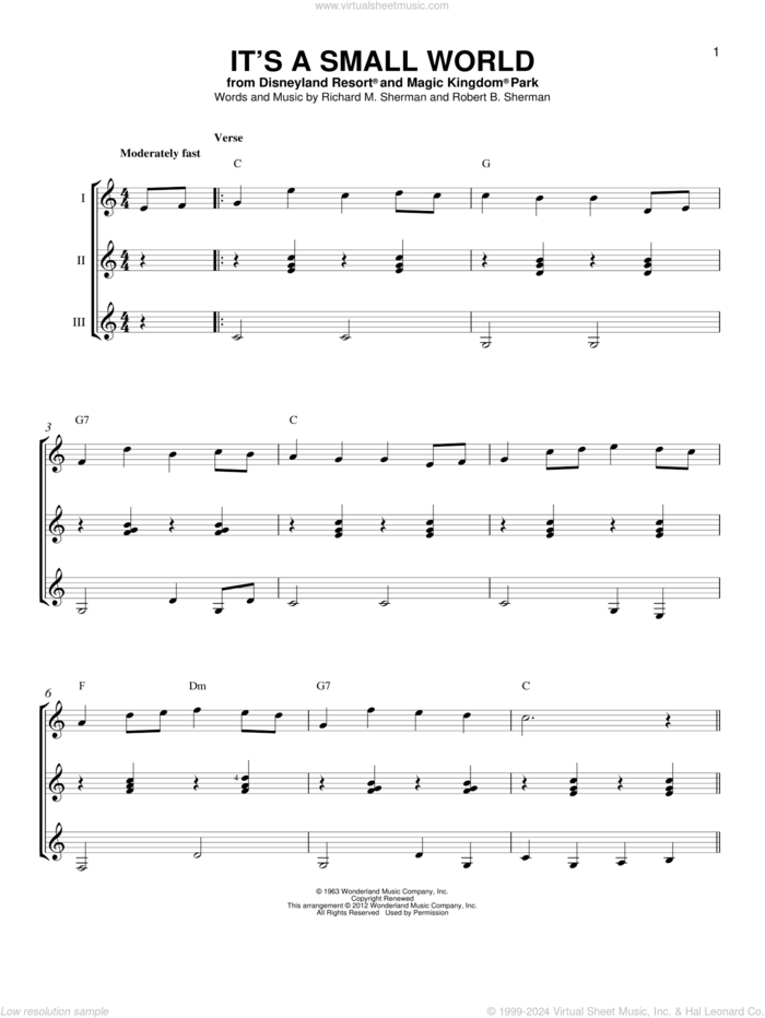 It's A Small World sheet music for guitar ensemble by Sherman Brothers, Richard & Robert Sherman, Richard M. Sherman and Robert B. Sherman, intermediate skill level