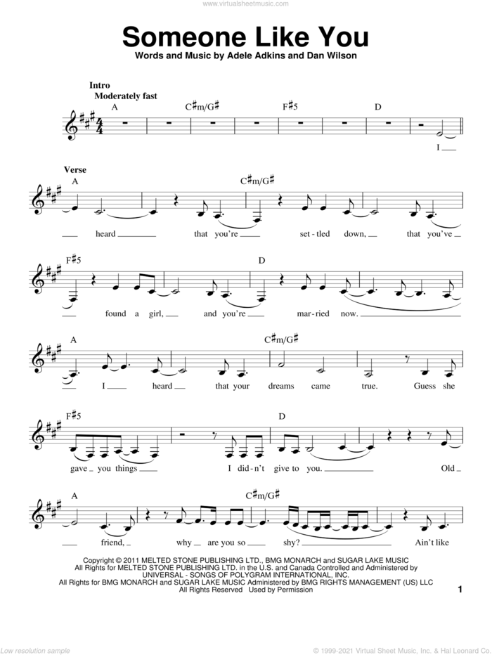 Someone Like You sheet music for voice solo by Adele, Adele Adkins and Dan Wilson, intermediate skill level